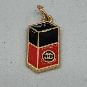 CHANEL Black Red Enamel CC Cube Charm Pendant Gold Logo Modern Rare EUC
